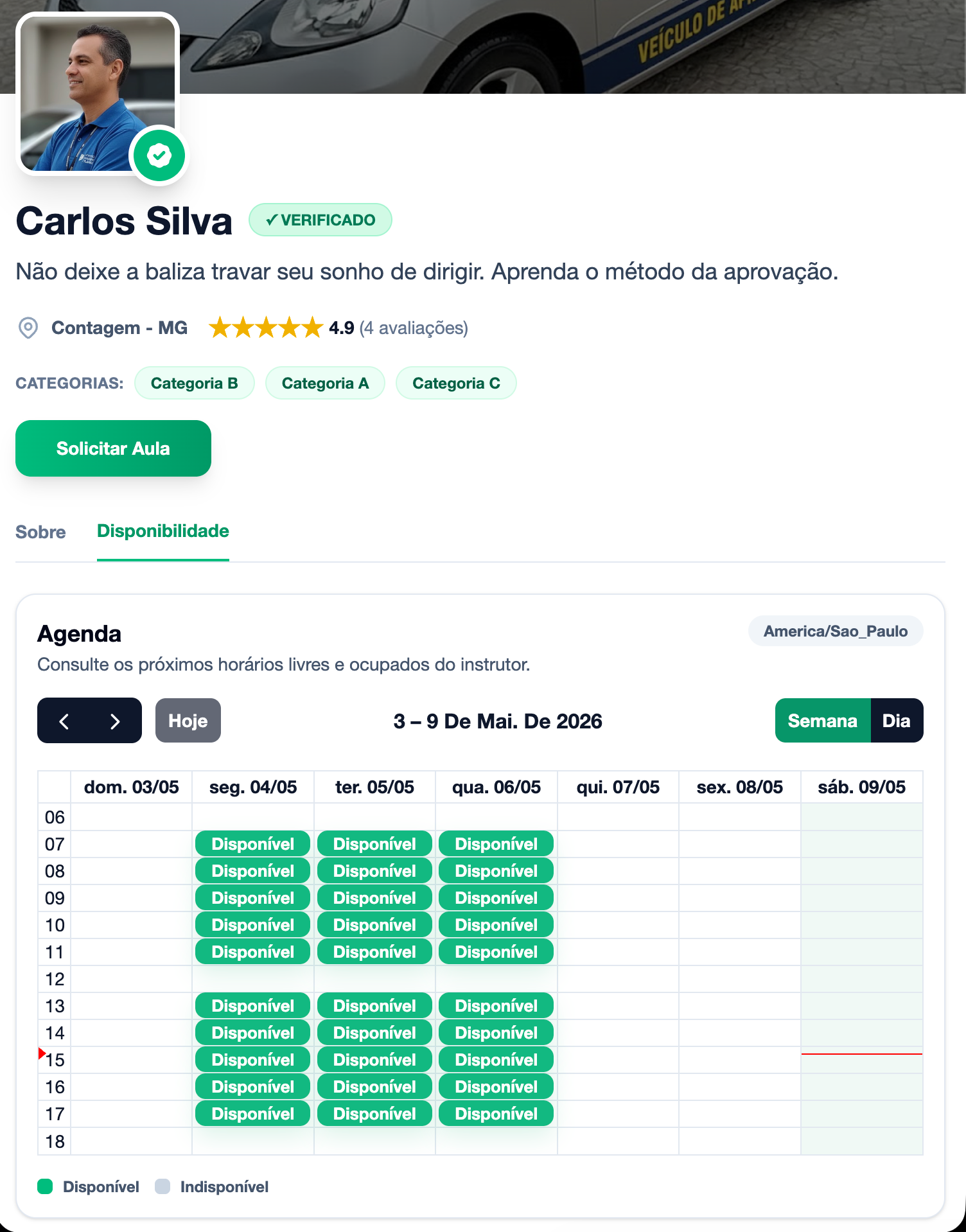 Agenda pública compartilhável para agendamento de aulas de direção