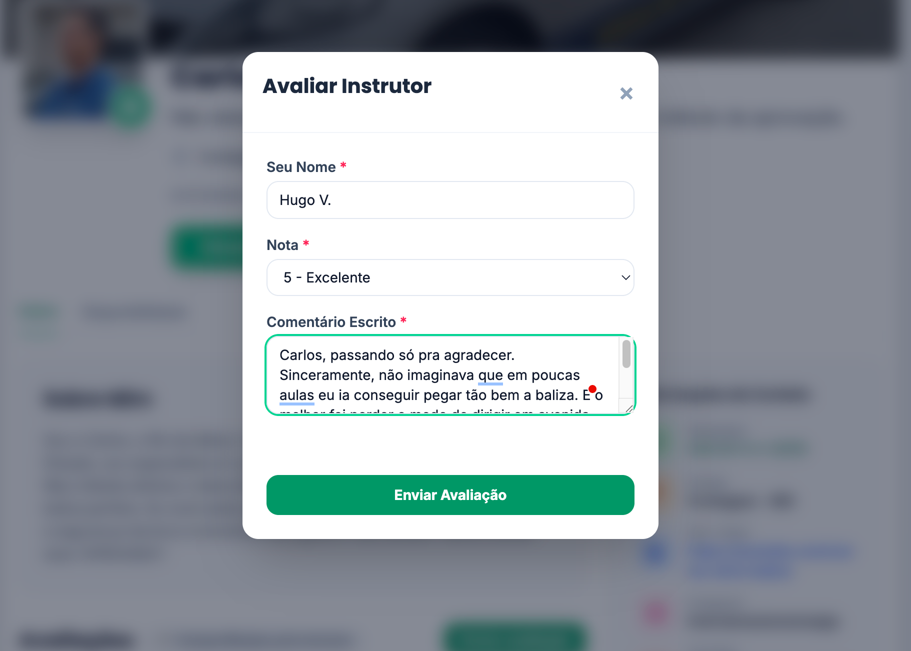 Formulário onde o aluno envia a avaliação por texto
